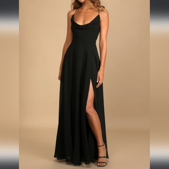 Lulu's Romantically Speaking Black Cowl Lace-Up Maxi Dress - Picture 1 of 8